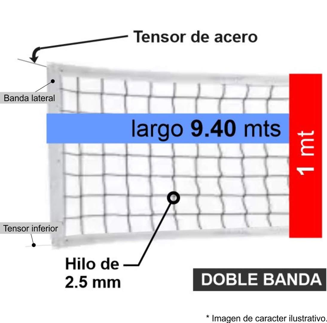 Red De Voley  - 9,40x1,00 Mts - Hilo 2.5mm - Tensor De Cable De Acero - Doble Banda