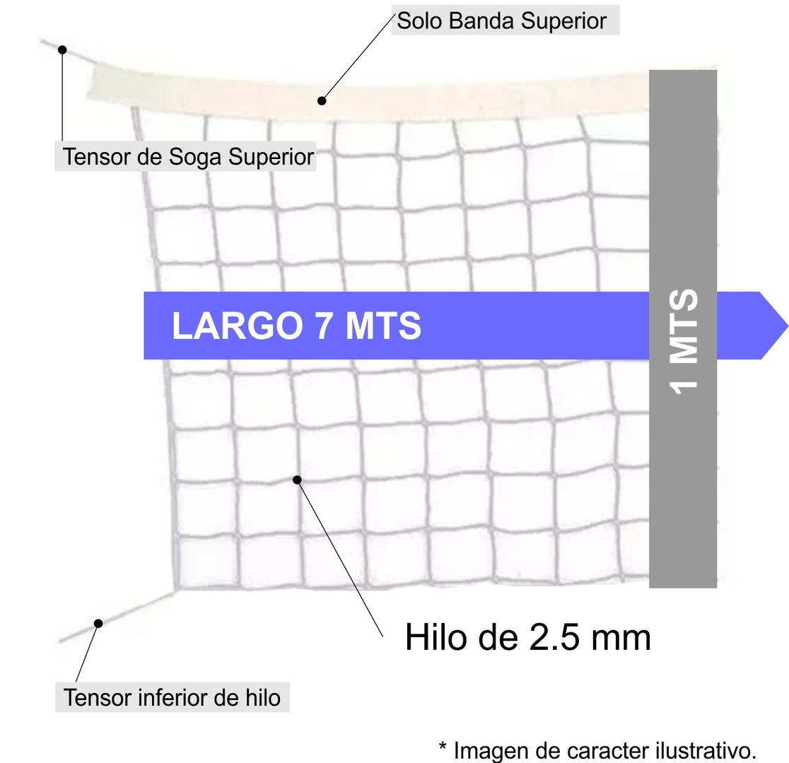 Red De Voley Mini -  7x1 Mts - Polietileno - Con Banda Superior Y Tensor De Soga