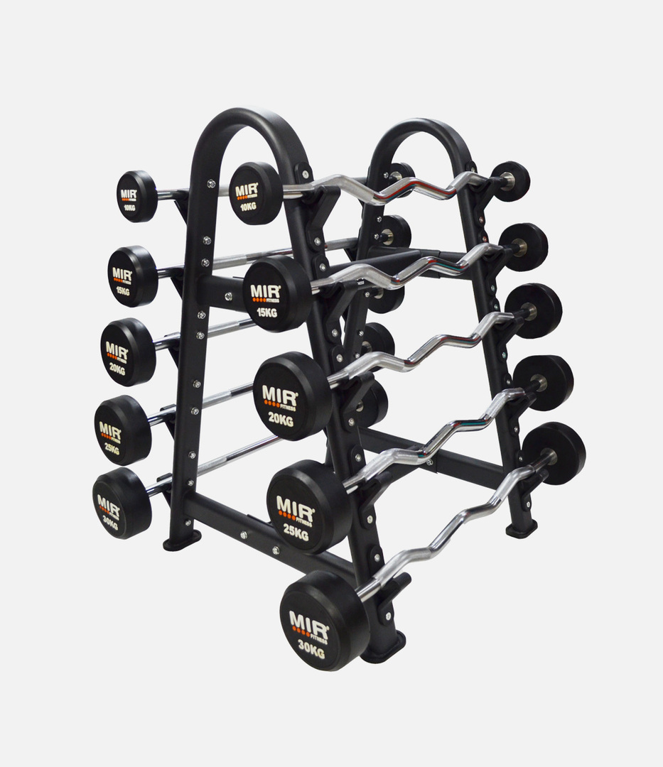 Set De 10 Barras Peso Fijo - 5 Rectas Y 5 Ez De 10kg A 30kg Mir + Rack